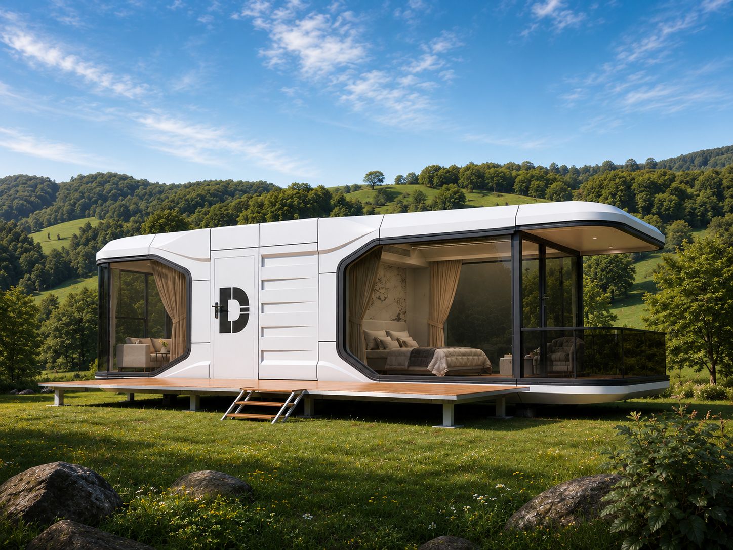 Barton Springs 410 Modular Suite raised on steel supports, with a glass-railed balcony