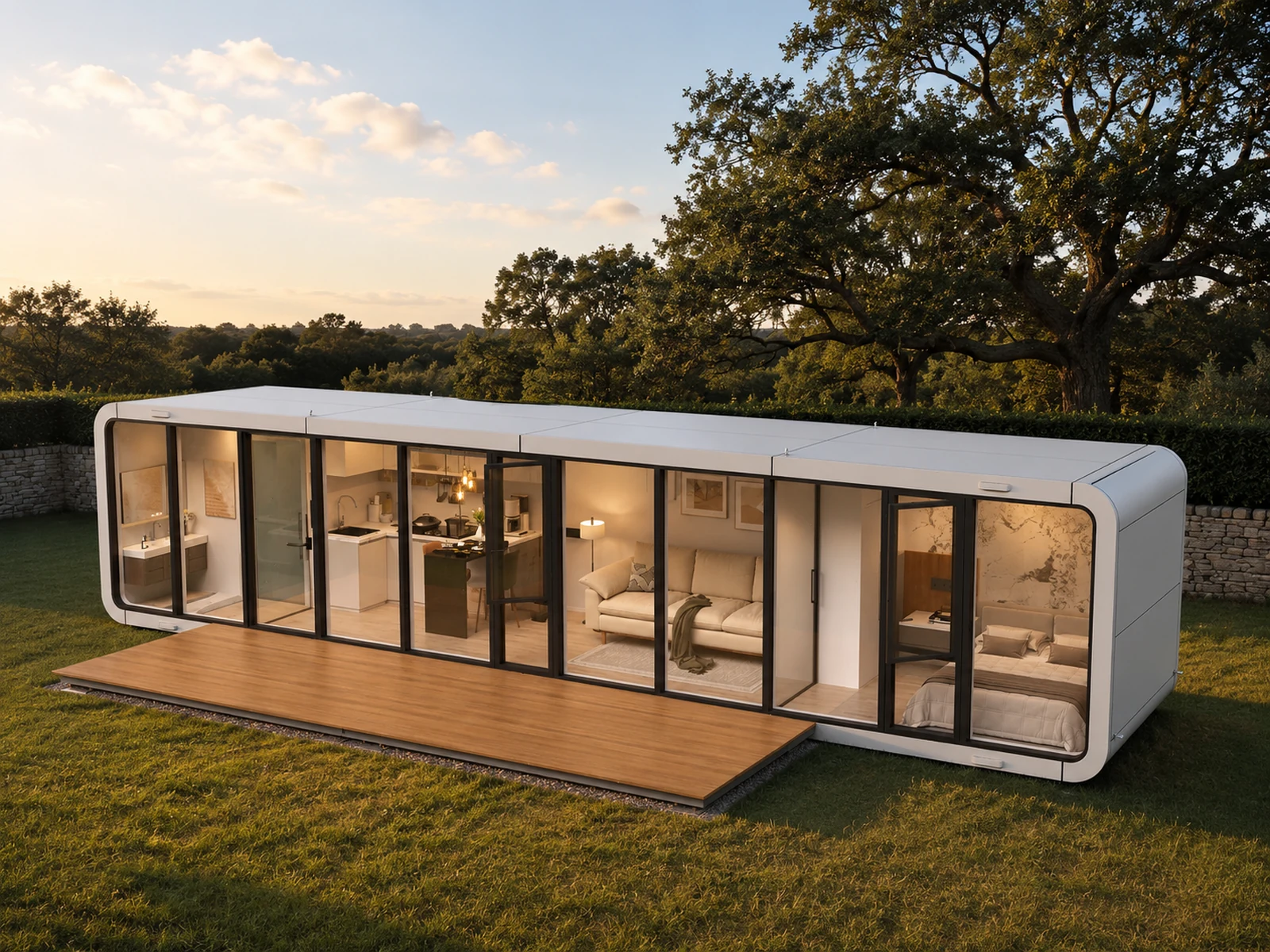 The Austin 280 modular living unit in a Texas Hill Country backyard at golden hour