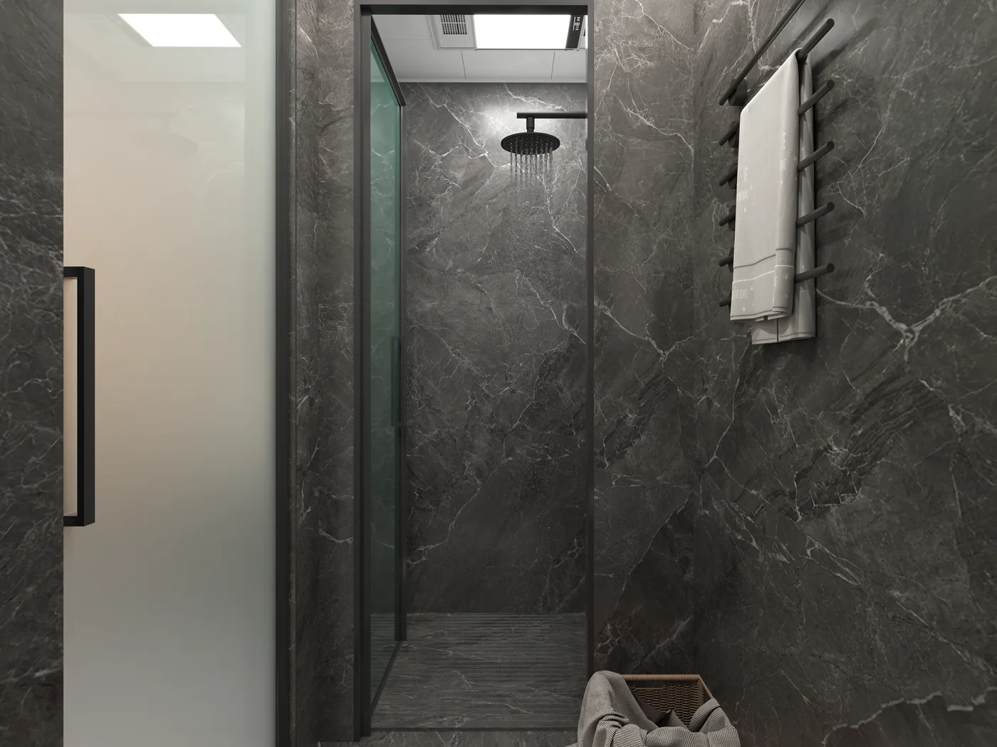 The Austin 280 bathroom with walk-in shower in dark stone