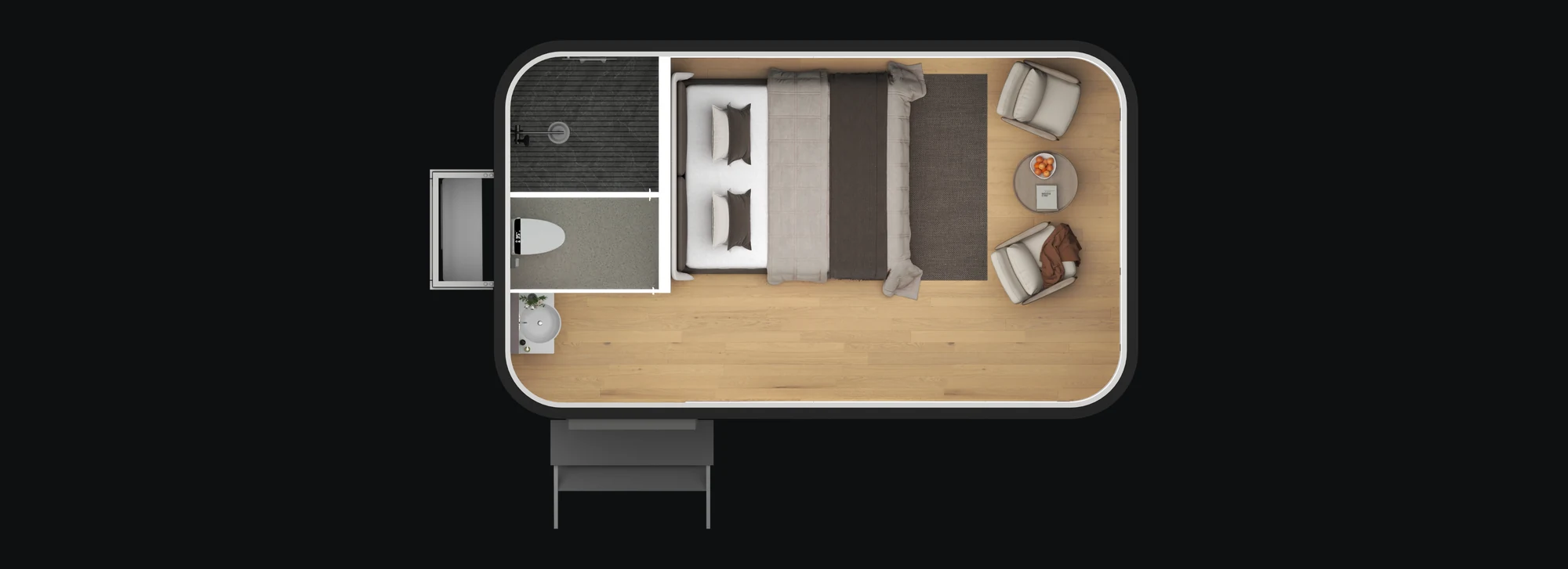 Marfa 200 floor plan seen from above, bathroom, bed and seating