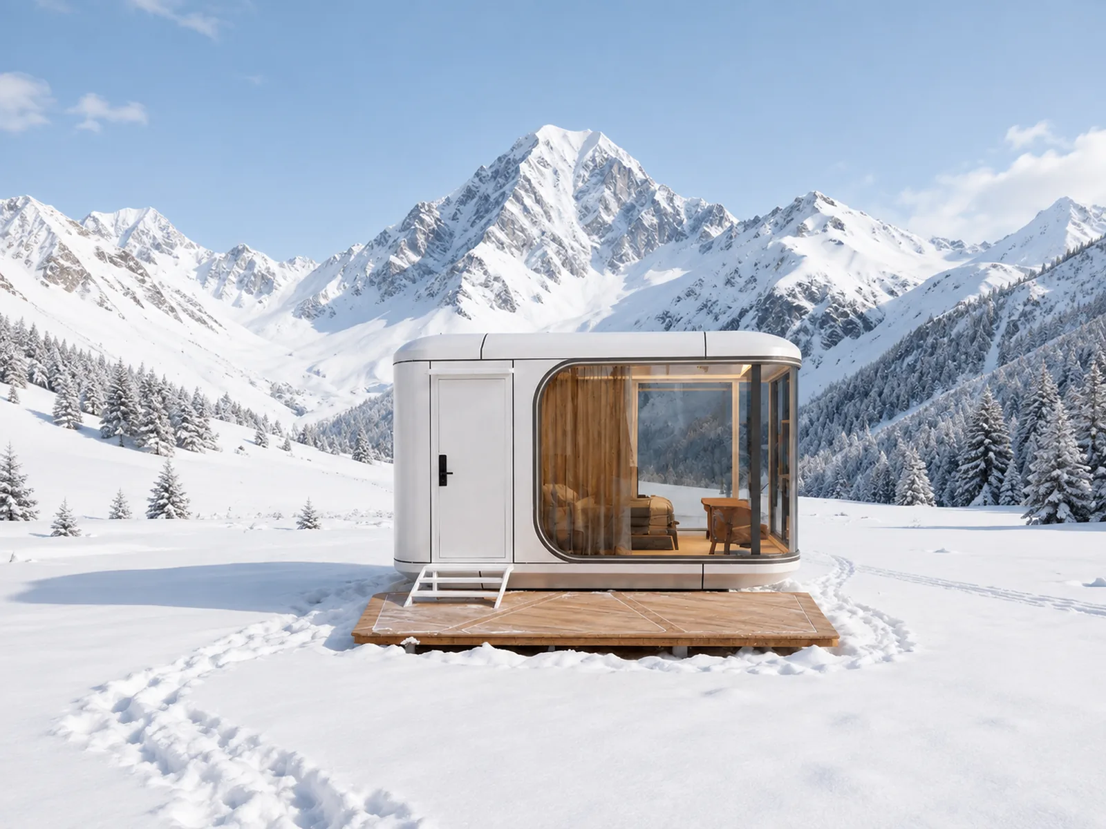 The Marfa 200 capsule in alpine snow with mountains behind