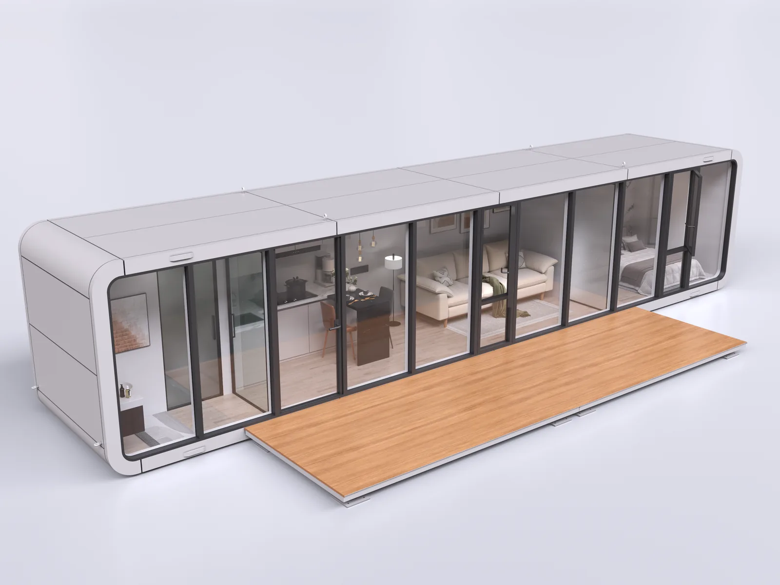 The Austin 280 modular living unit seen from the entry side
