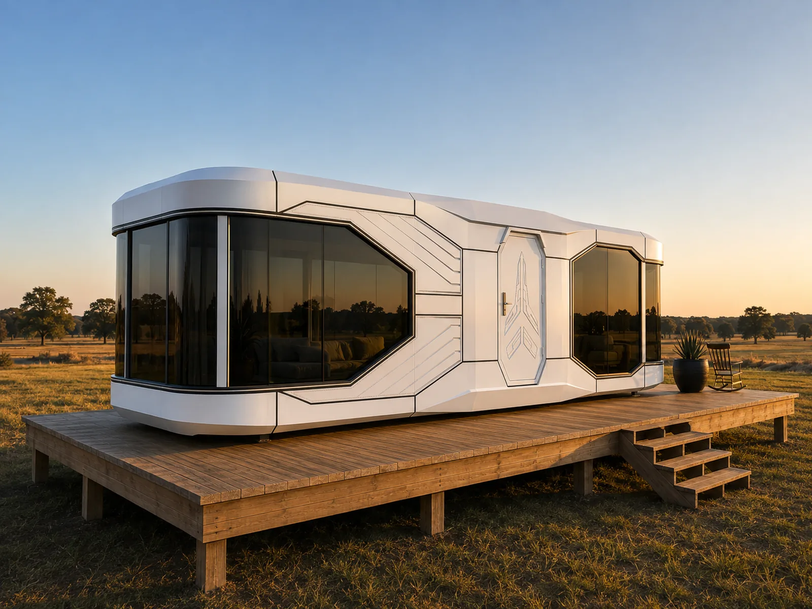 The Lockhart 420 on its deck with open field behind at sunset