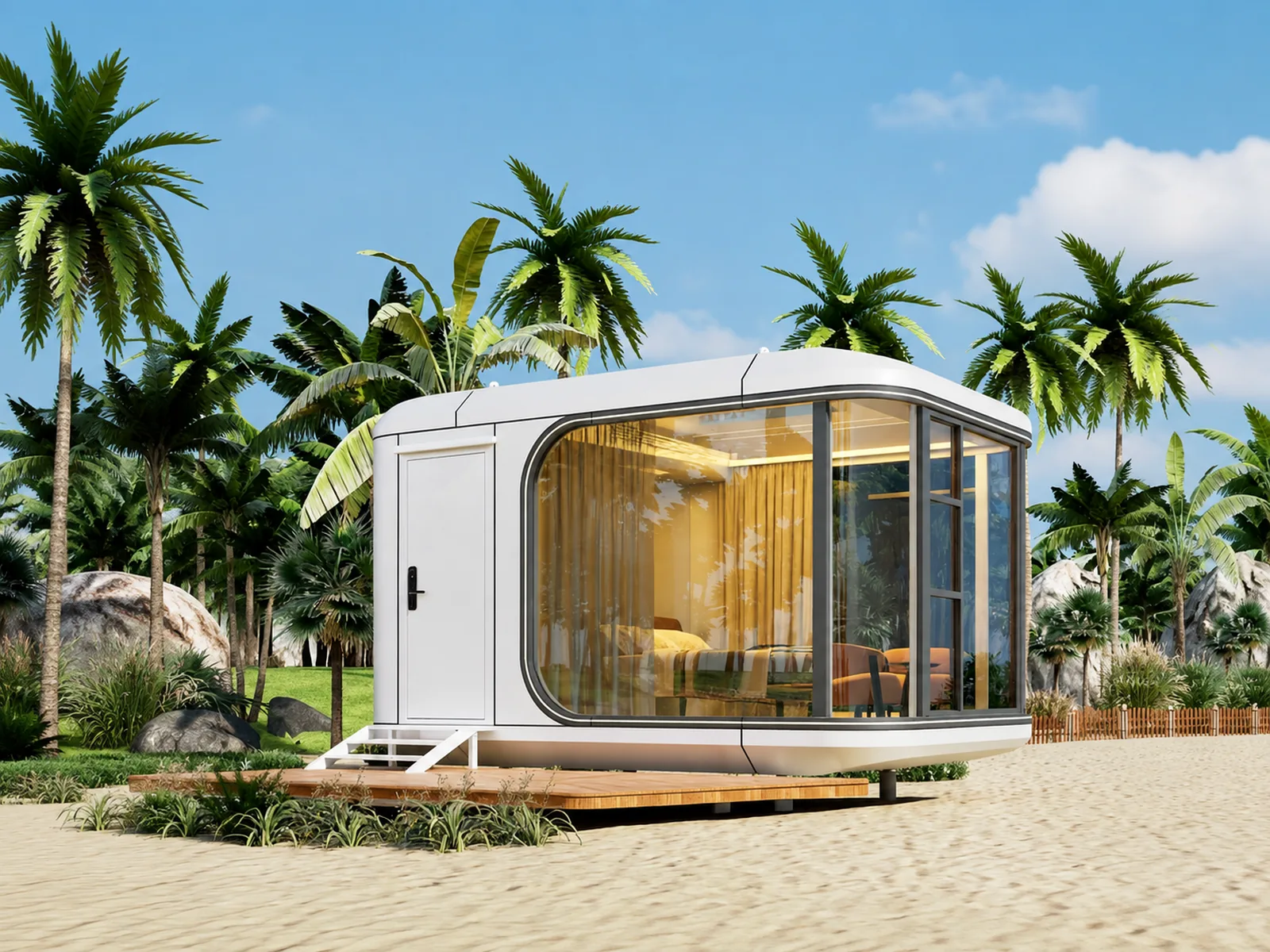 The Marfa 200 capsule among palms on a sandy shore