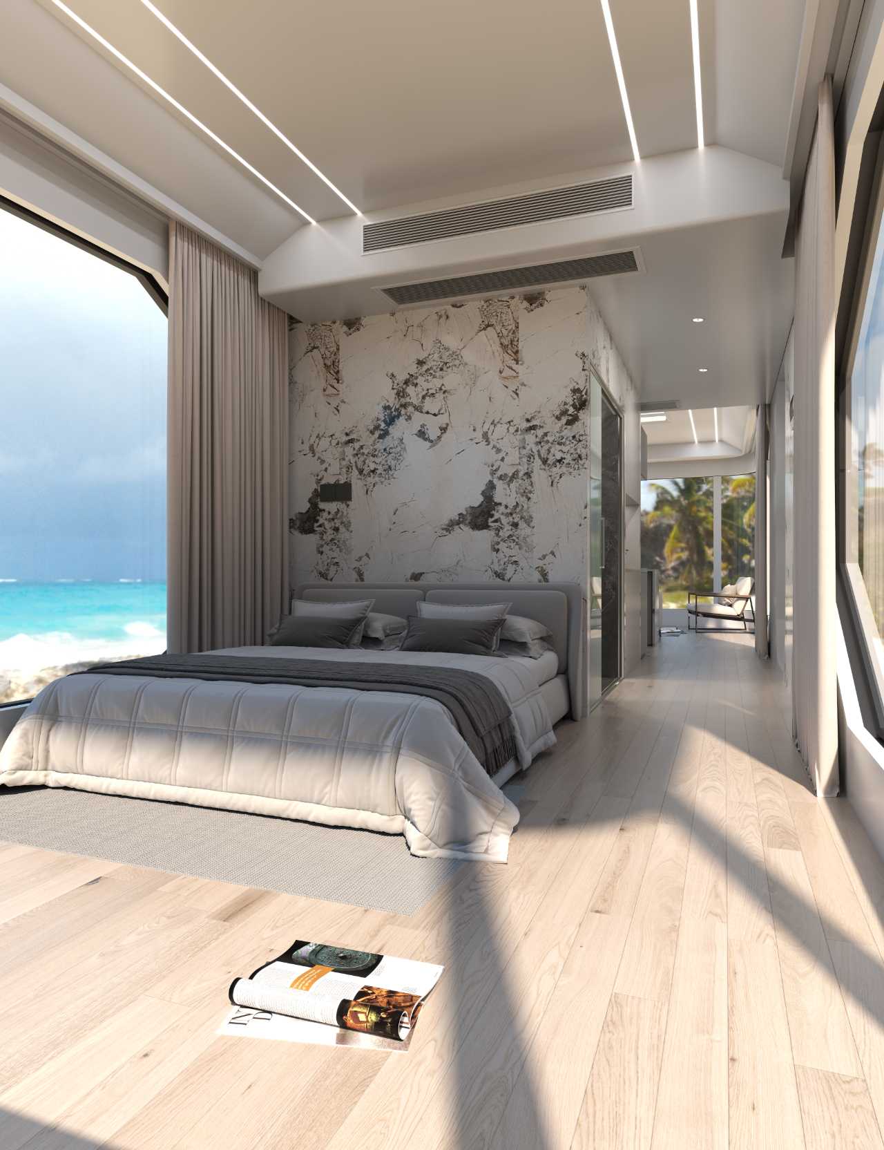 The Lockhart 420 bedroom, bed facing the marble wall and the glazed elevation