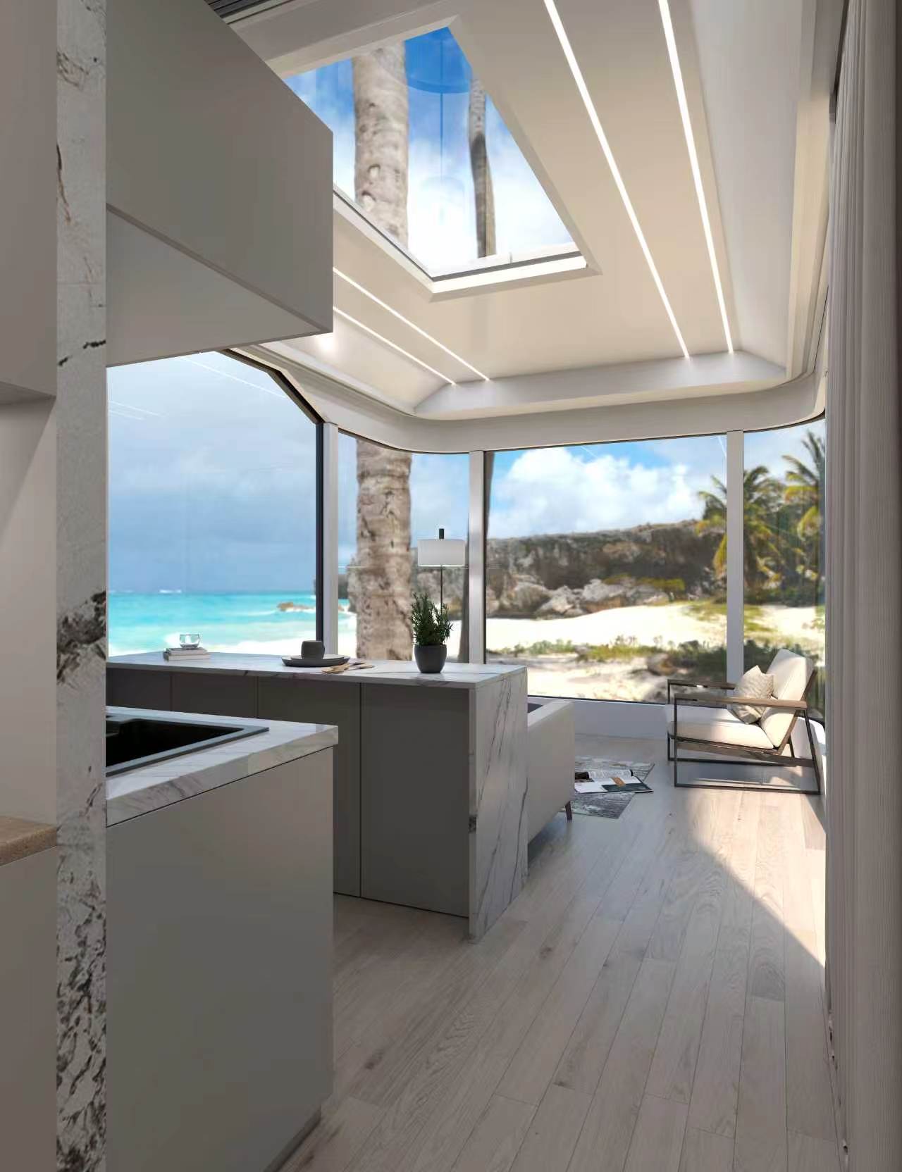 The Lockhart 420 kitchen looking through to the living space and the sea