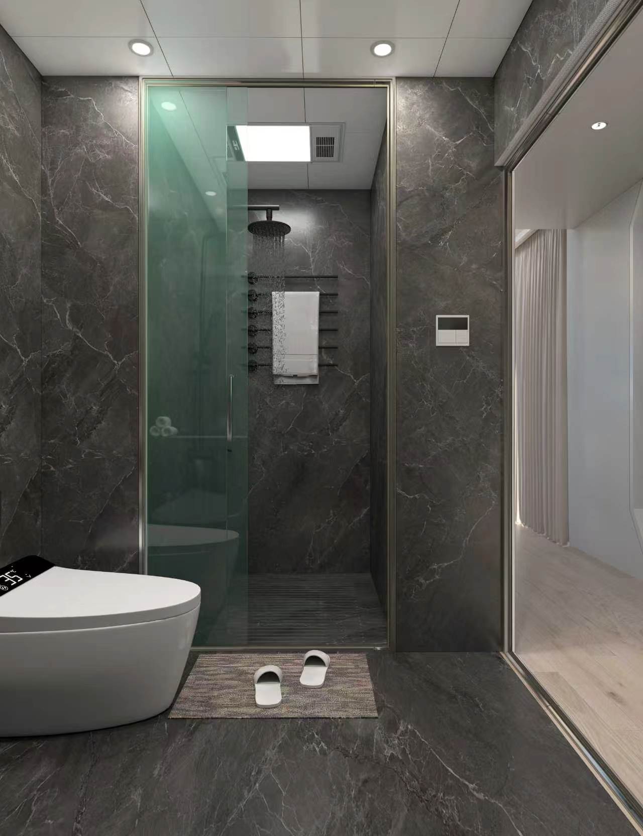 The Lockhart 420 bathroom, walk-in shower in dark stone