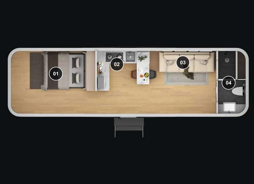 Wimberley 800 level one plan: bedroom, kitchen, living area and bathroom, numbered 01 to 04
