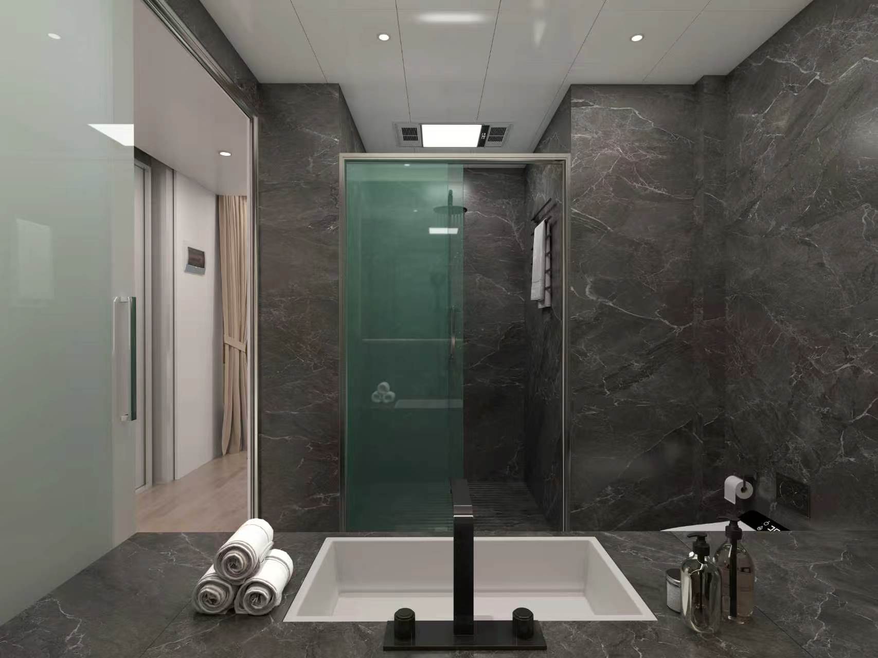 The Barton Springs 410 bathroom, glass shower enclosure against dark marble