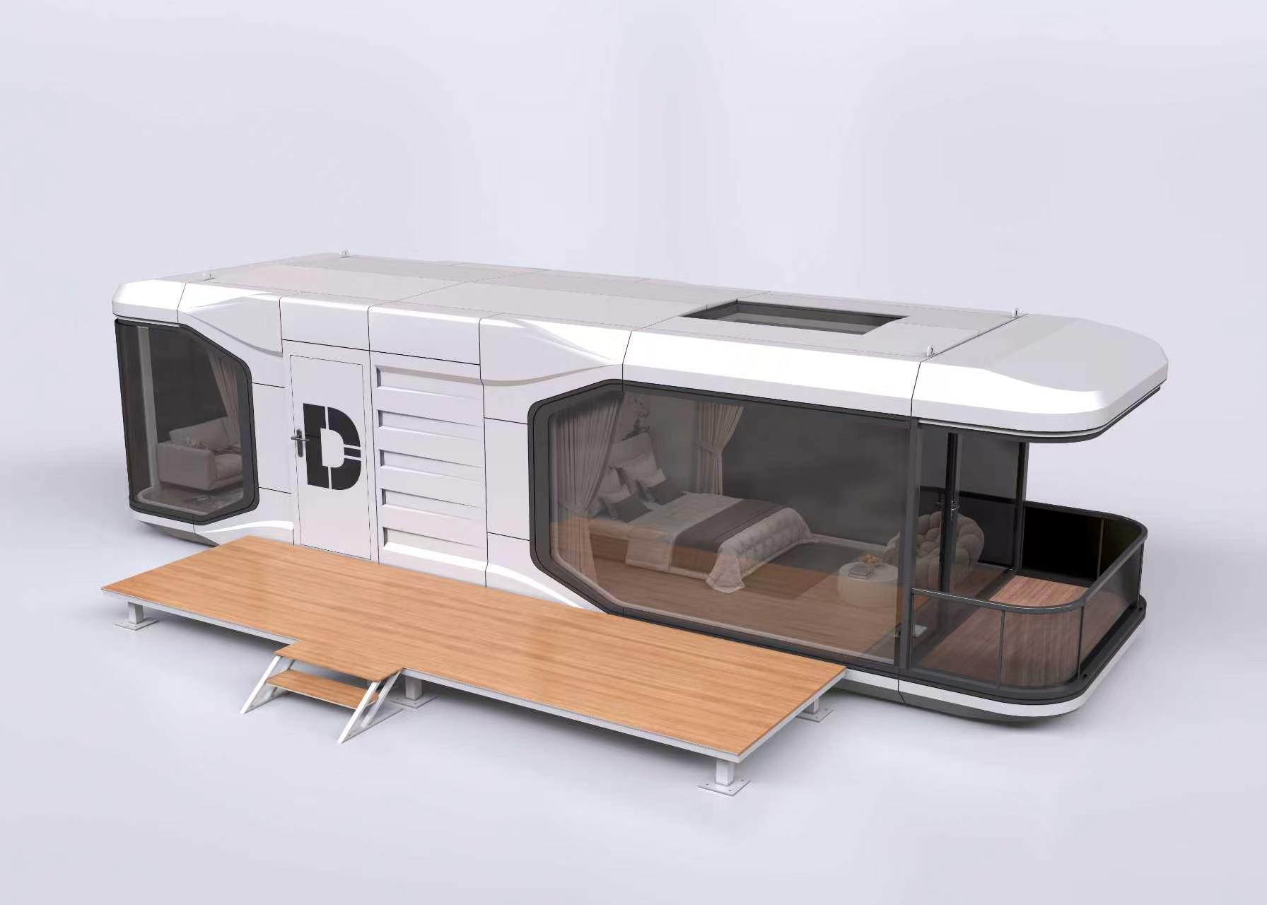 The Barton Springs 410 from the rear quarter, timber deck running the length of the unit