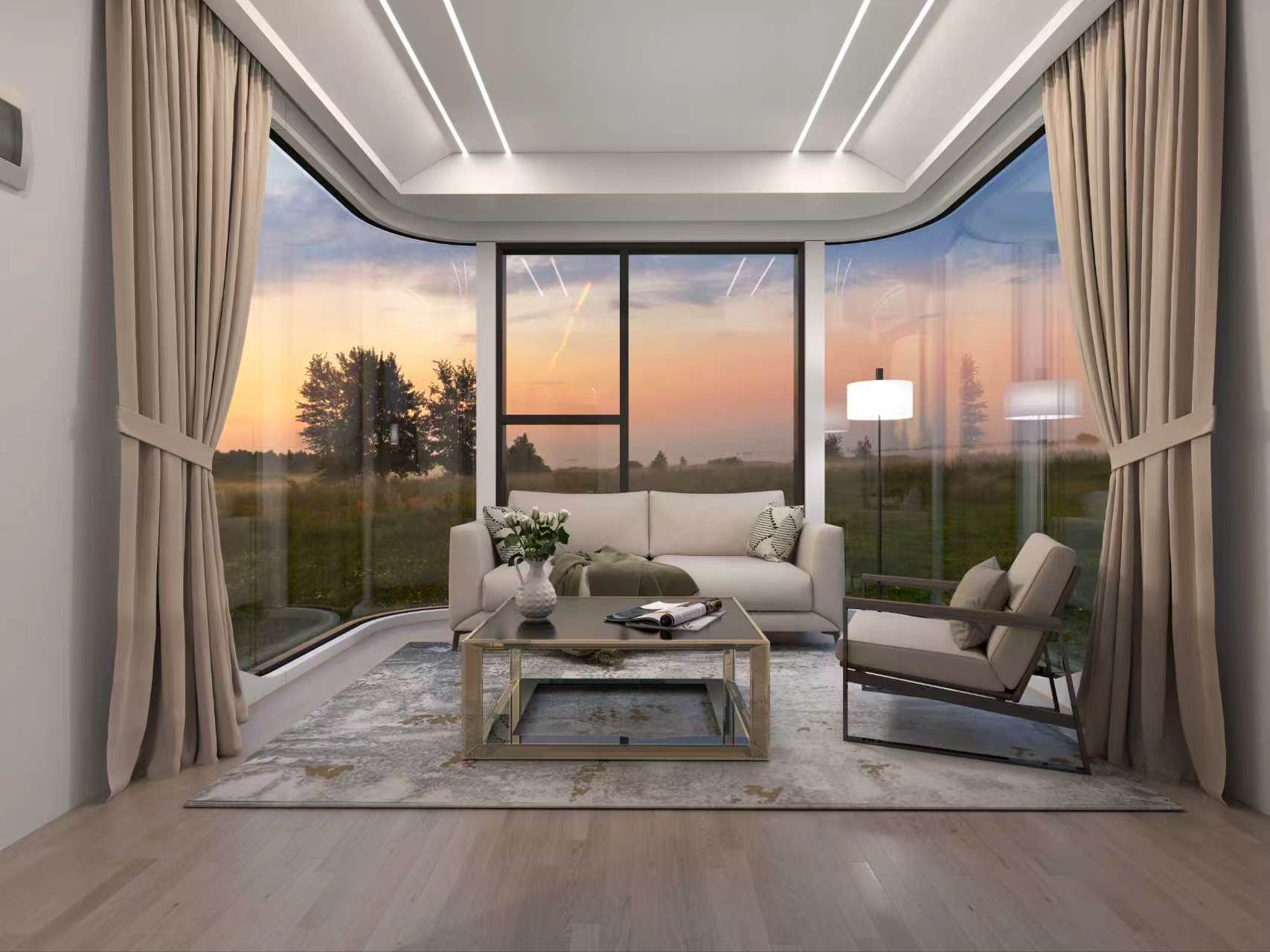 The Barton Springs 410 living room at sunset, curtains drawn back from the window