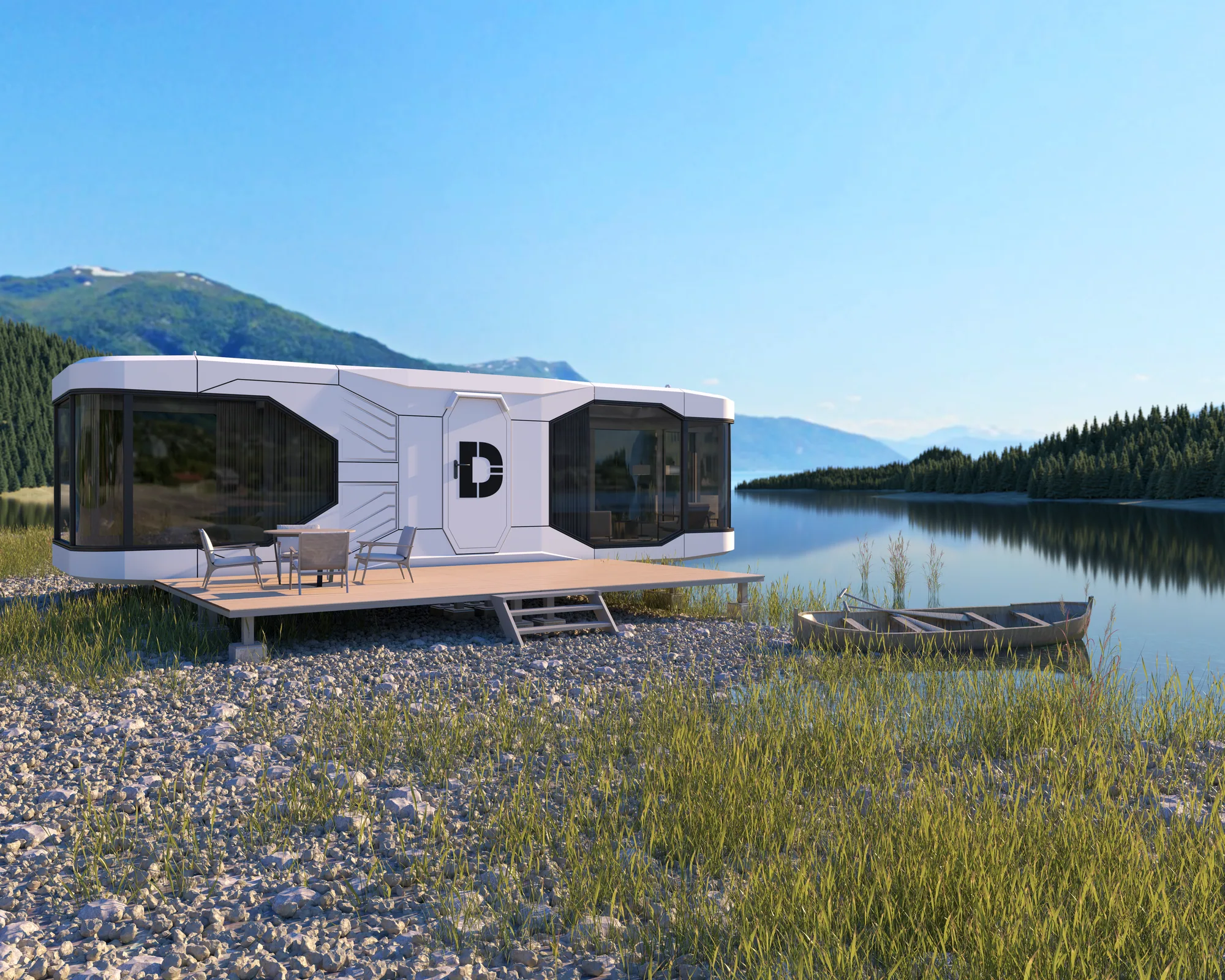 The Lockhart 420 on a lakeside deck, a canoe drawn up on the shore