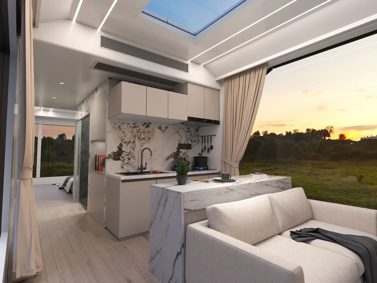 The Lockhart 420 kitchen island open to the living space at sunset