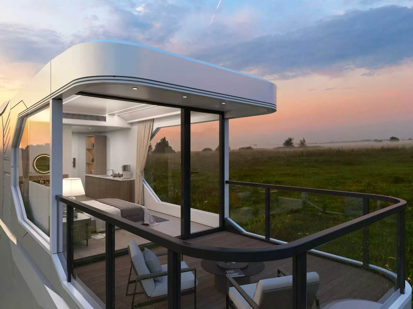 The Wimberley 800 upper balcony at sunset, seating behind the glass balustrade