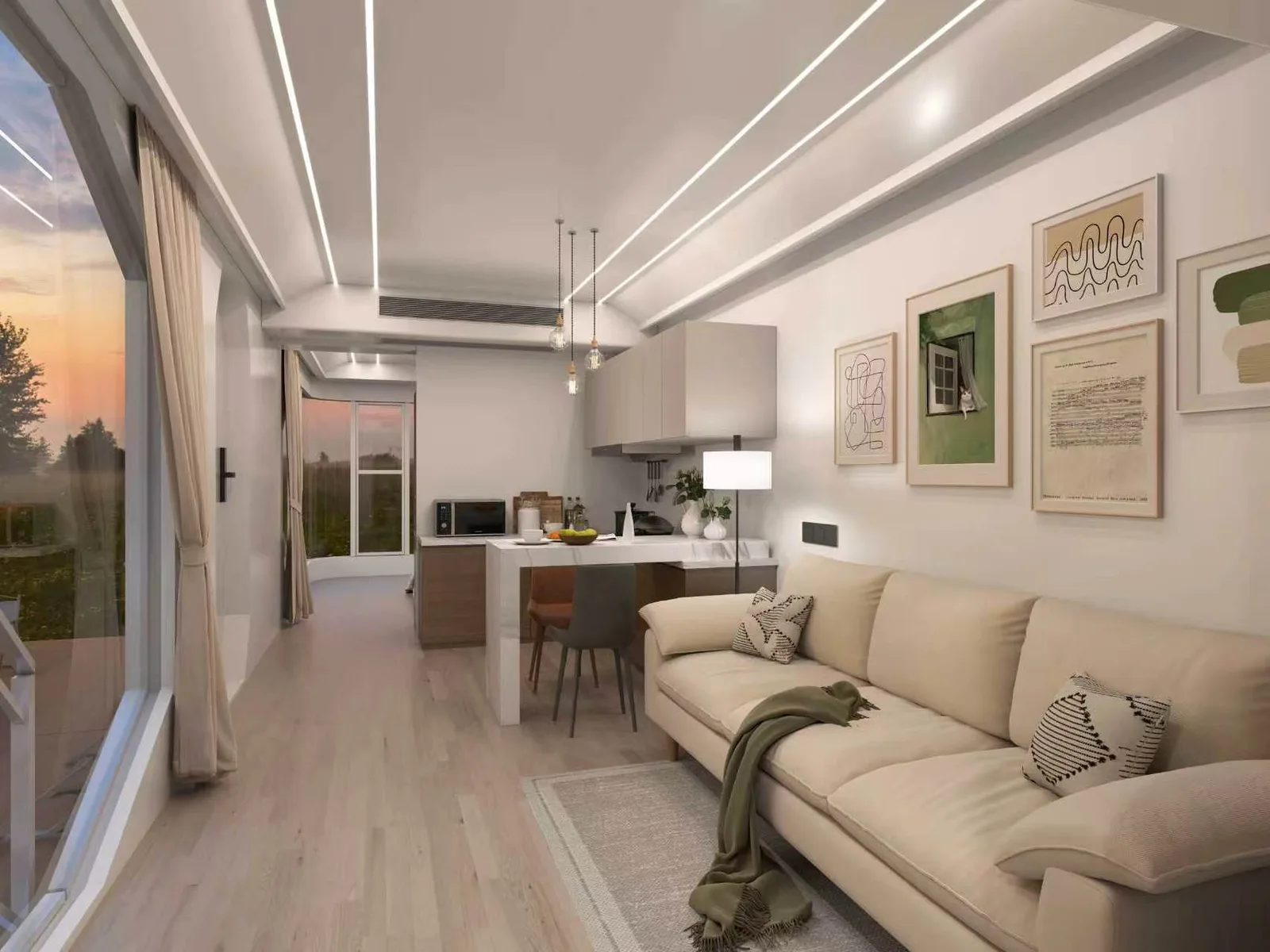 The Wimberley 800 living room, sofa and framed prints with the kitchen behind