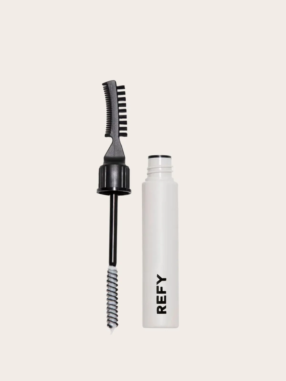 Refy black and white brow mascara wand and bottle on minimalist background