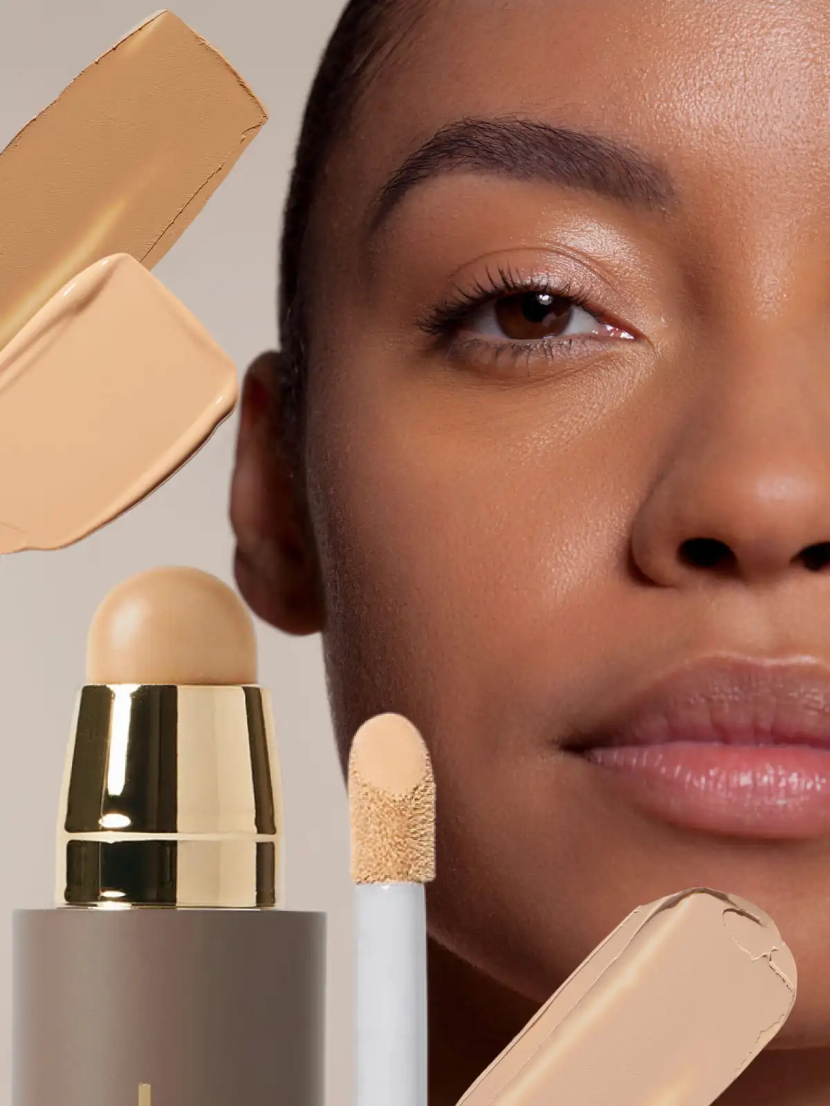Makeup foundation in various shades with close-up of glowing skin
