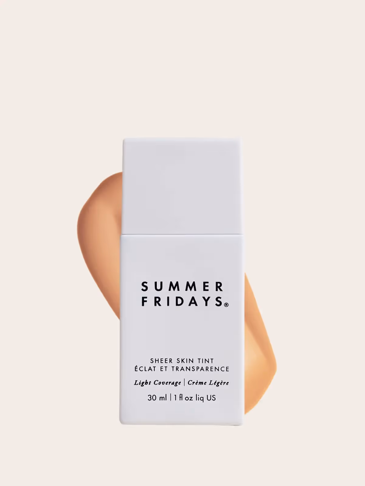 Summer Fridays sheer skin tint in white packaging with skin tone background