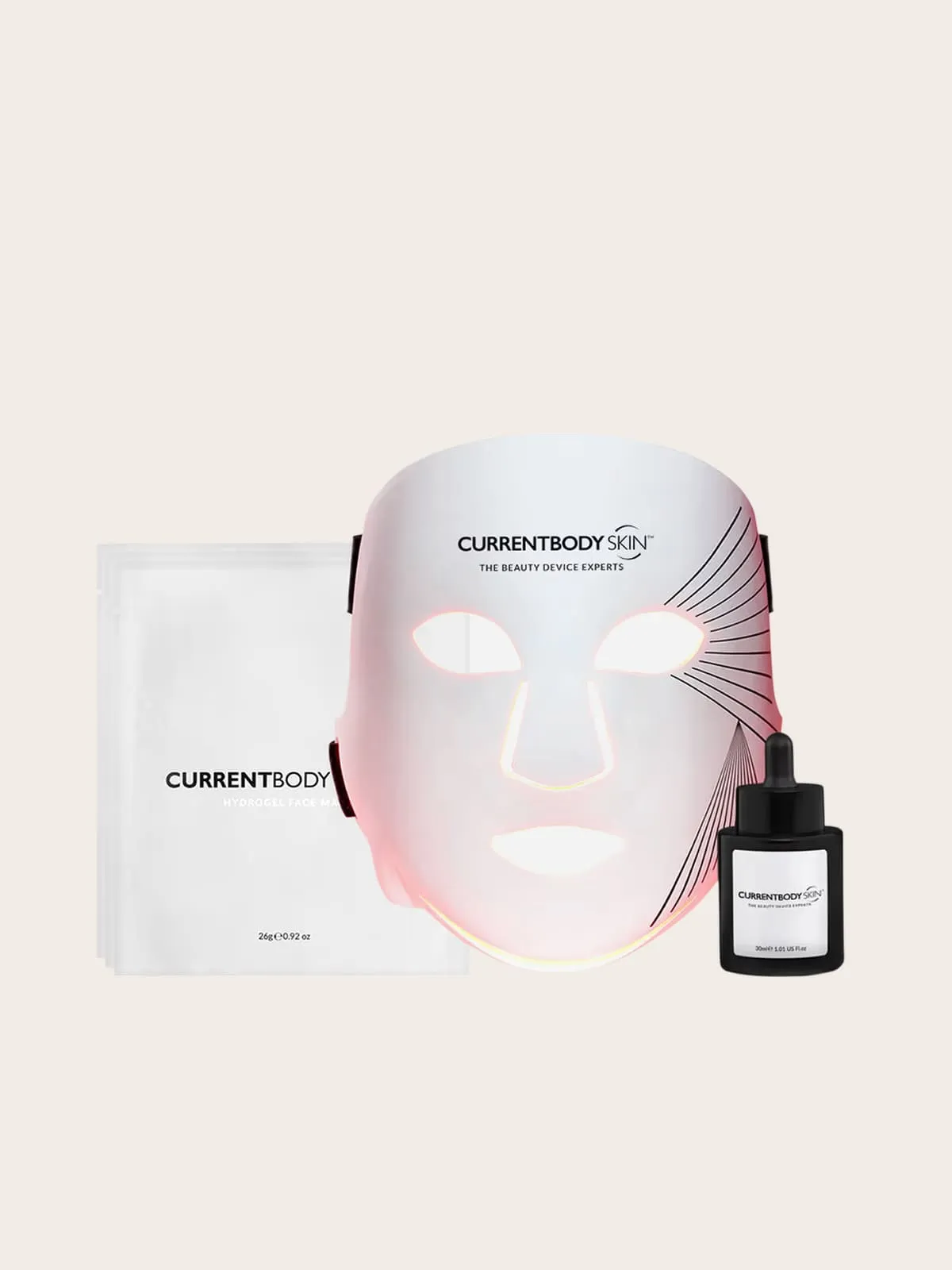 CurrentBody LED light therapy mask with serum and packaging
