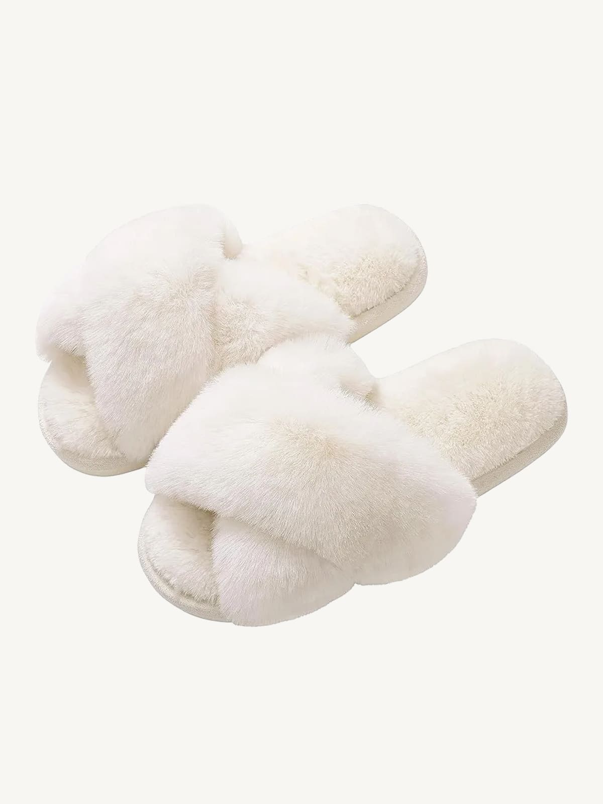 Soft white fluffy cross-strap slippers with plush texture