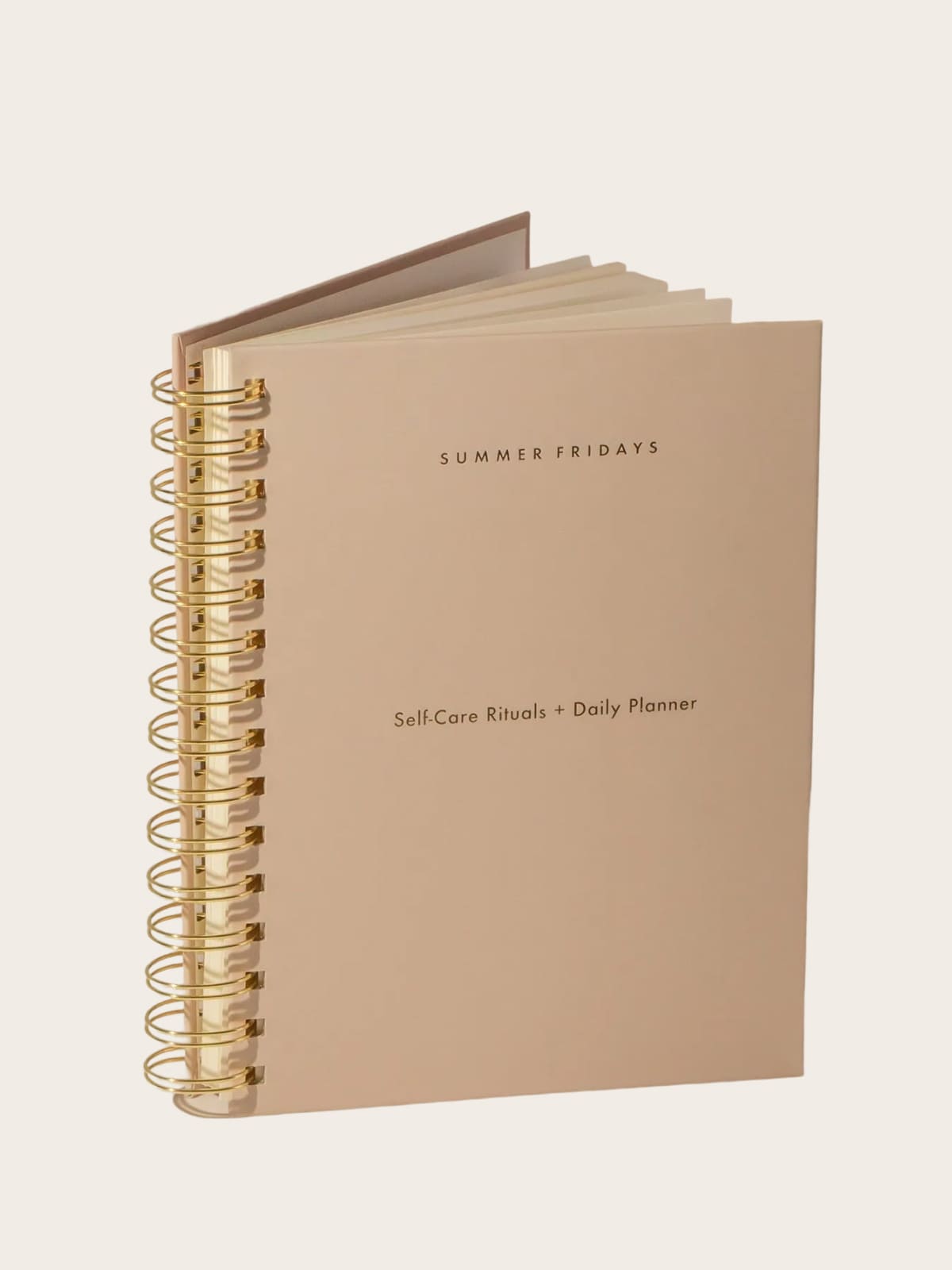 Beige Summer Fridays self-care planner with gold spiral binding