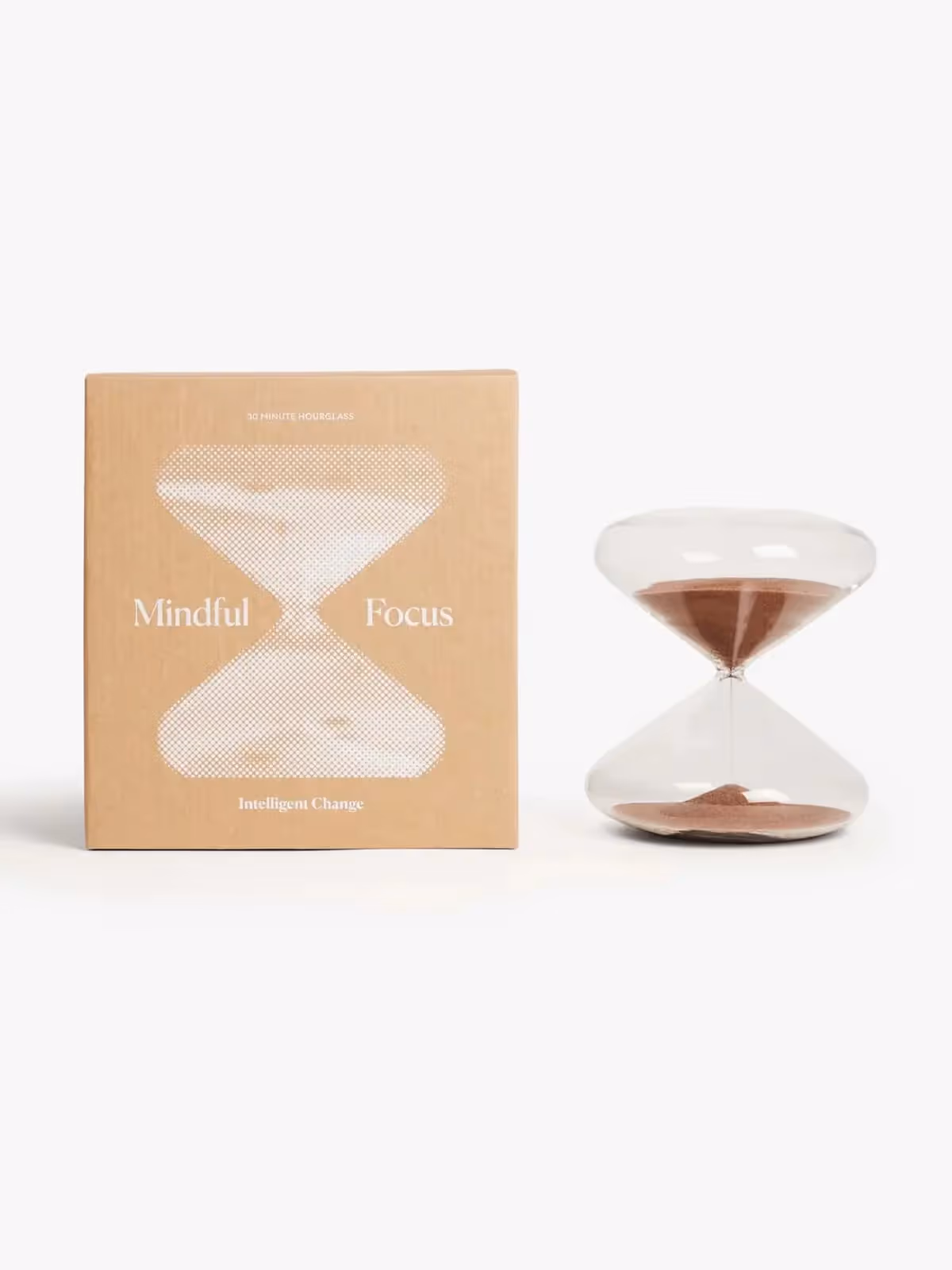 Hourglass timer with "Mindful Focus" packaging on minimalist background