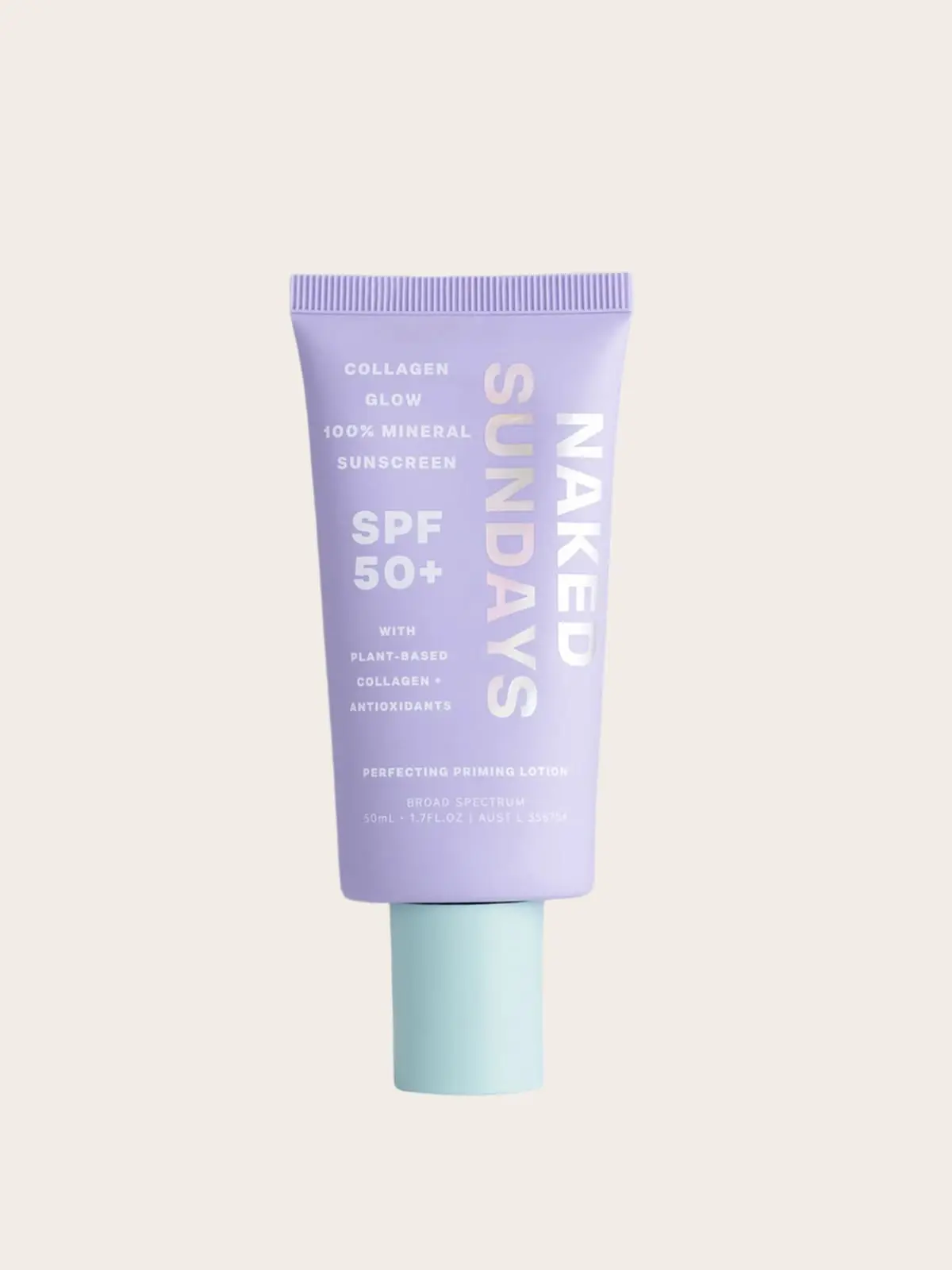 Purple Naked Sundays SPF 50+ mineral sunscreen with collagen and antioxidants