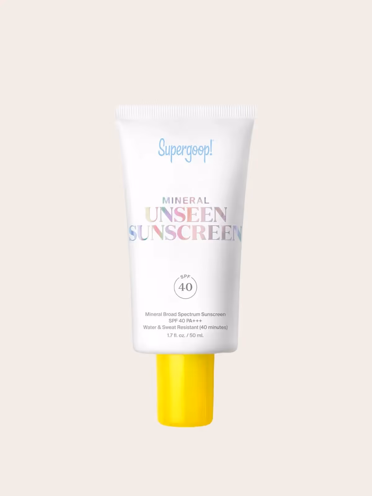 Supergoop Mineral Unseen Sunscreen SPF 40 in white and yellow tube