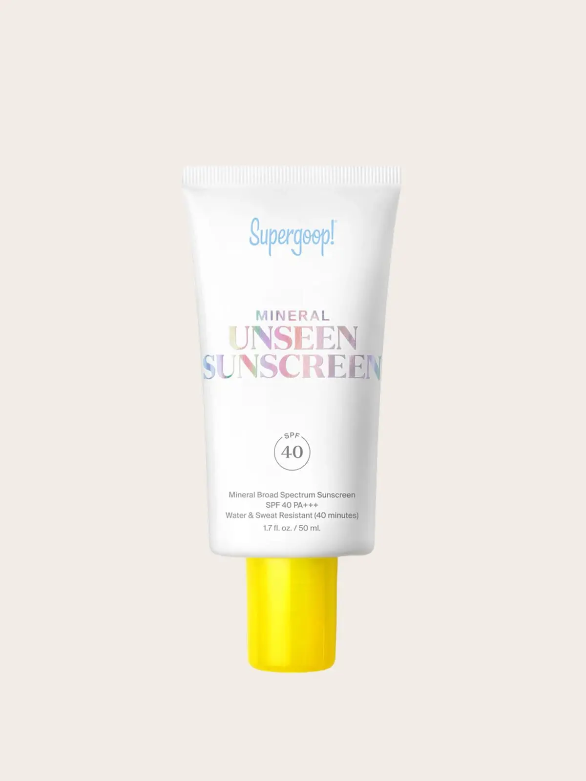 Supergoop Mineral Unseen Sunscreen SPF 40 in white and yellow tube