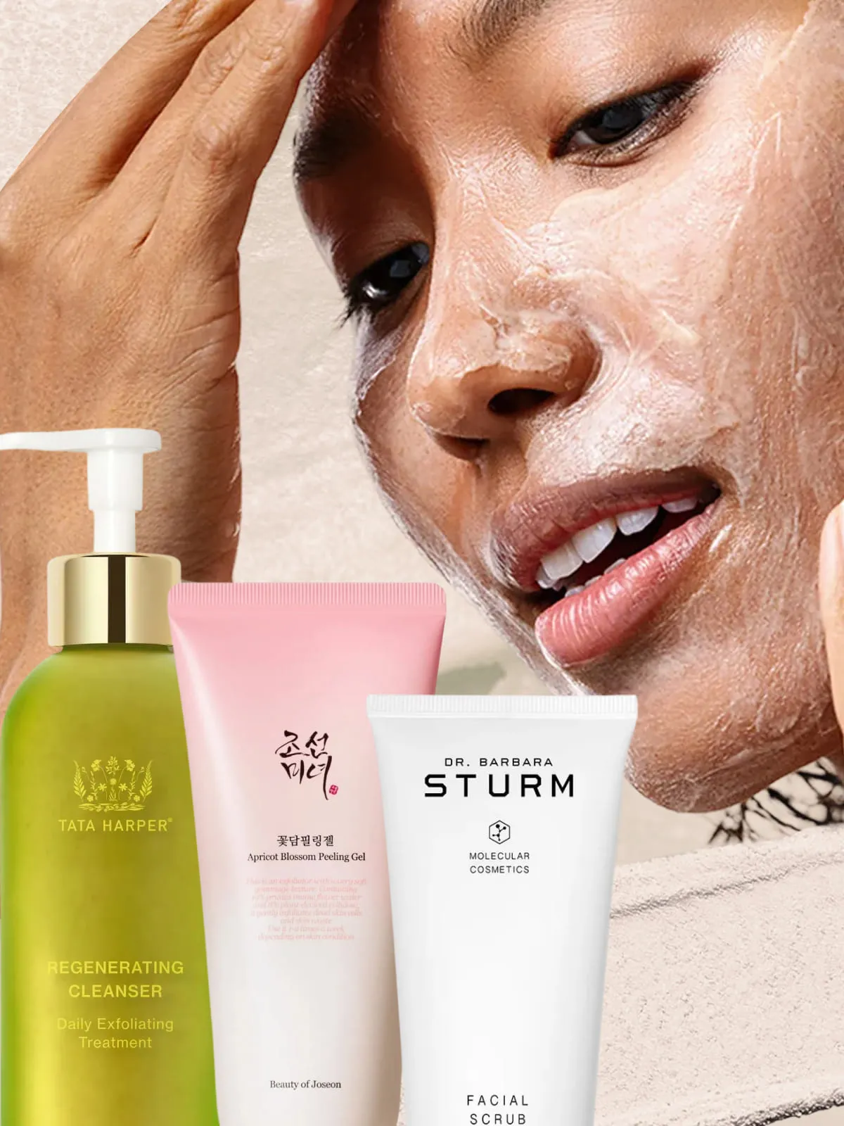 Woman applying facial mask surrounded by skincare products including cleanser and scrub
