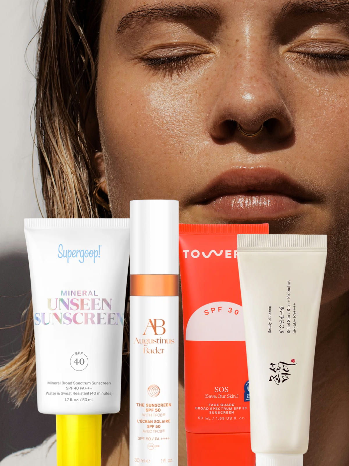 Woman's face with four sunscreen products including Supergoop, Augustinus Bader, Tower 28, and Beauty of Joseon brands.