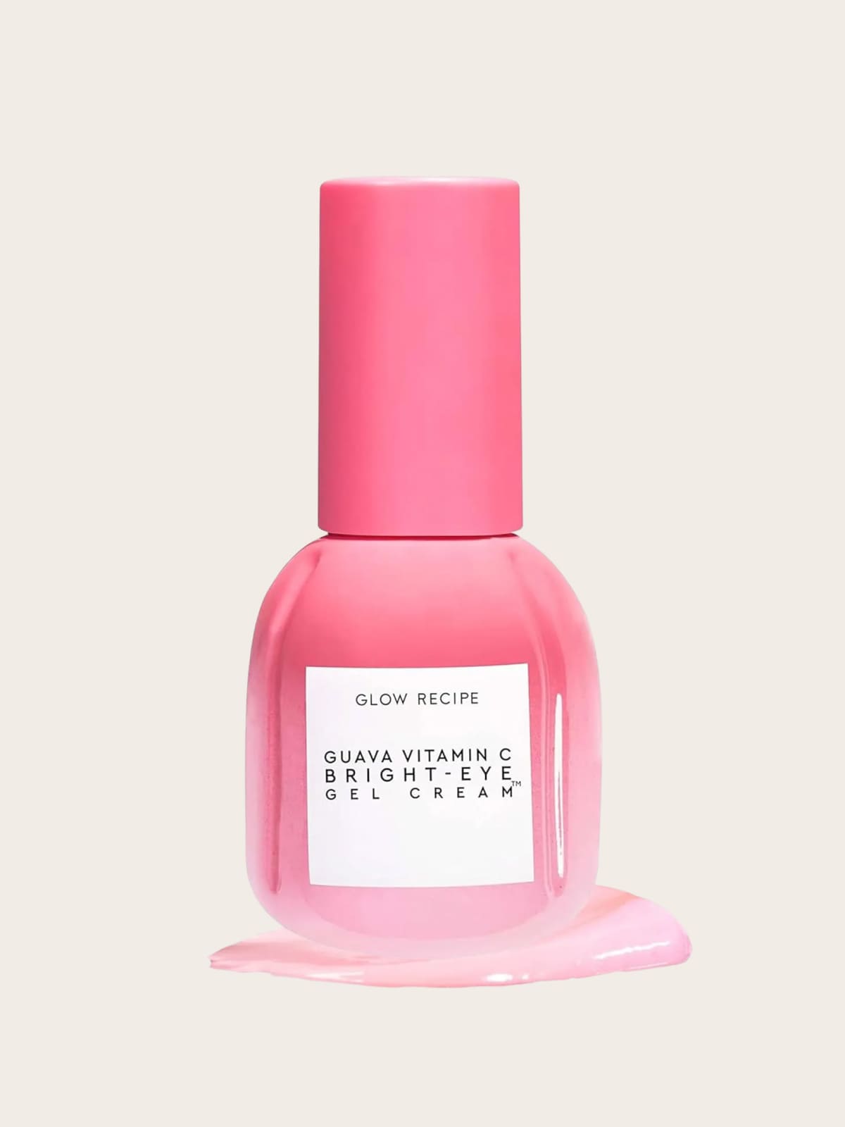 Pink bottle of Glow Recipe Guava Vitamin C Bright-Eye Gel Cream with white label