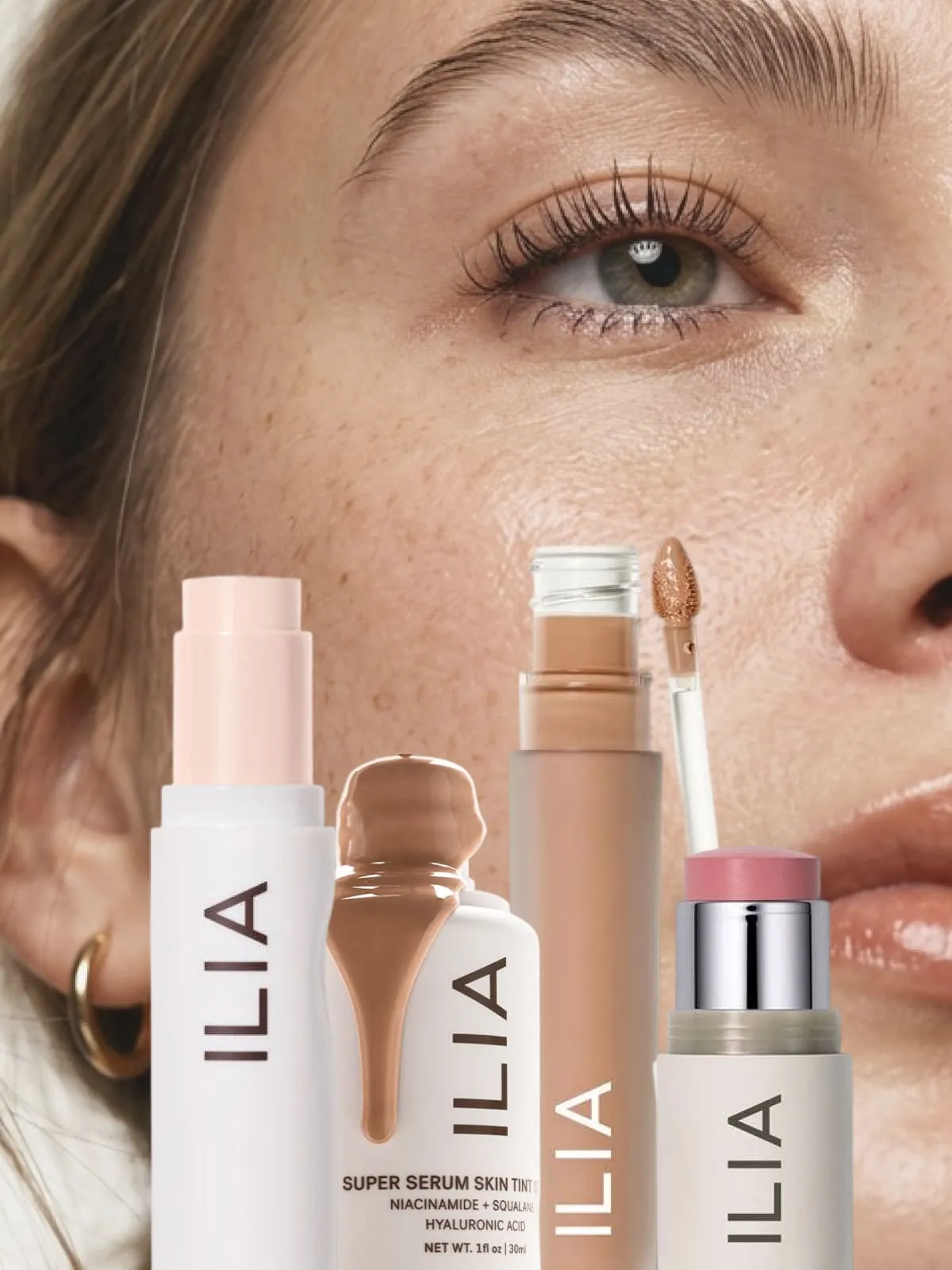 Ilia makeup collection including skin tint and blush for dewy, healthy-looking skin