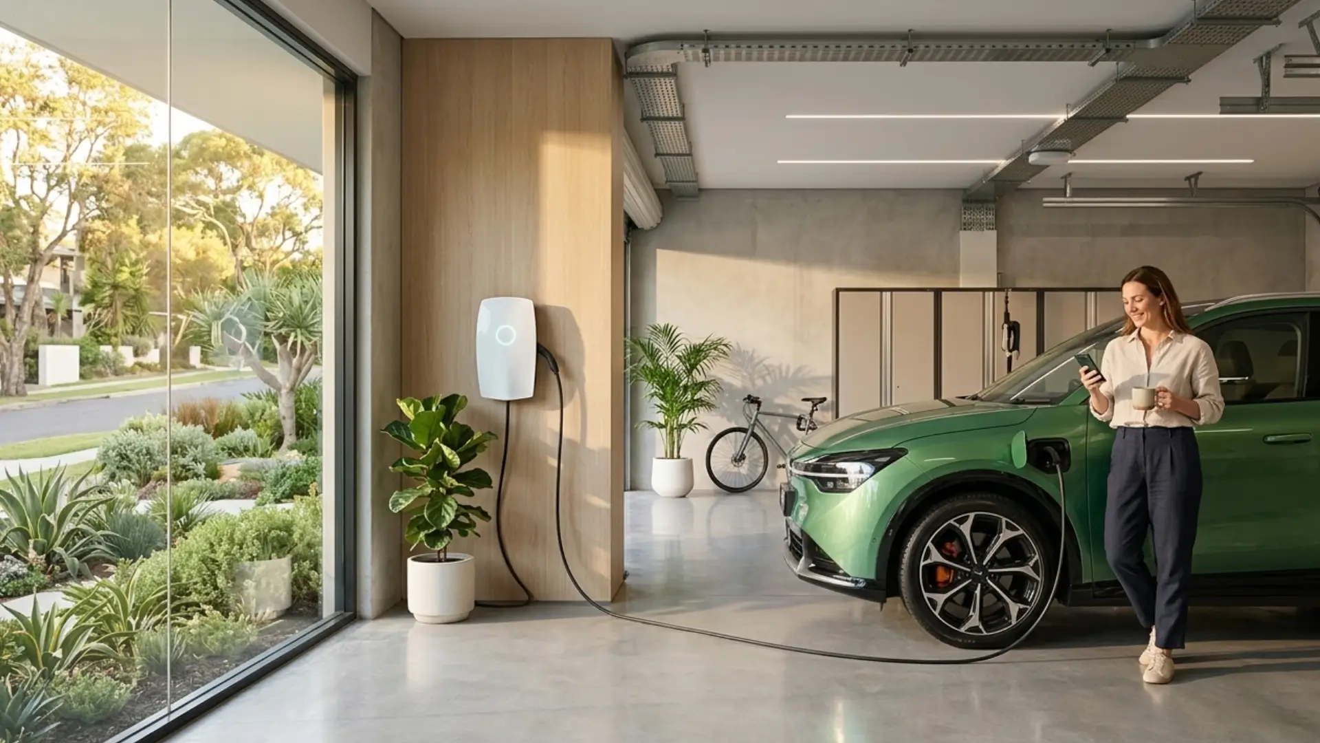 Modern home EV charging setup by High Demand Electrical. A white charger mounted on a timber post in a bright garage, connected to a green SUV. A woman stands nearby with a coffee, representing the convenience of professional home installation.