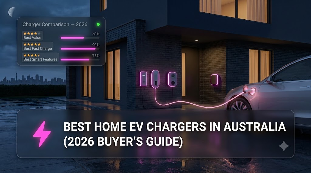 Selection of home EV chargers available for installation in Australian homes, including wall-mounted units
