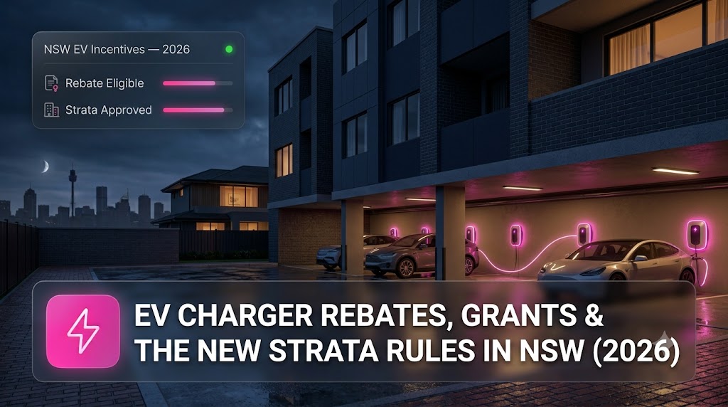 NSW government rebate and grant documents on a desk, representing EV charger incentive research for Sydney homeowners