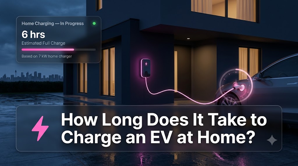 EV charging cable plugged into an electric car at a home garage, showing overnight home charging setup