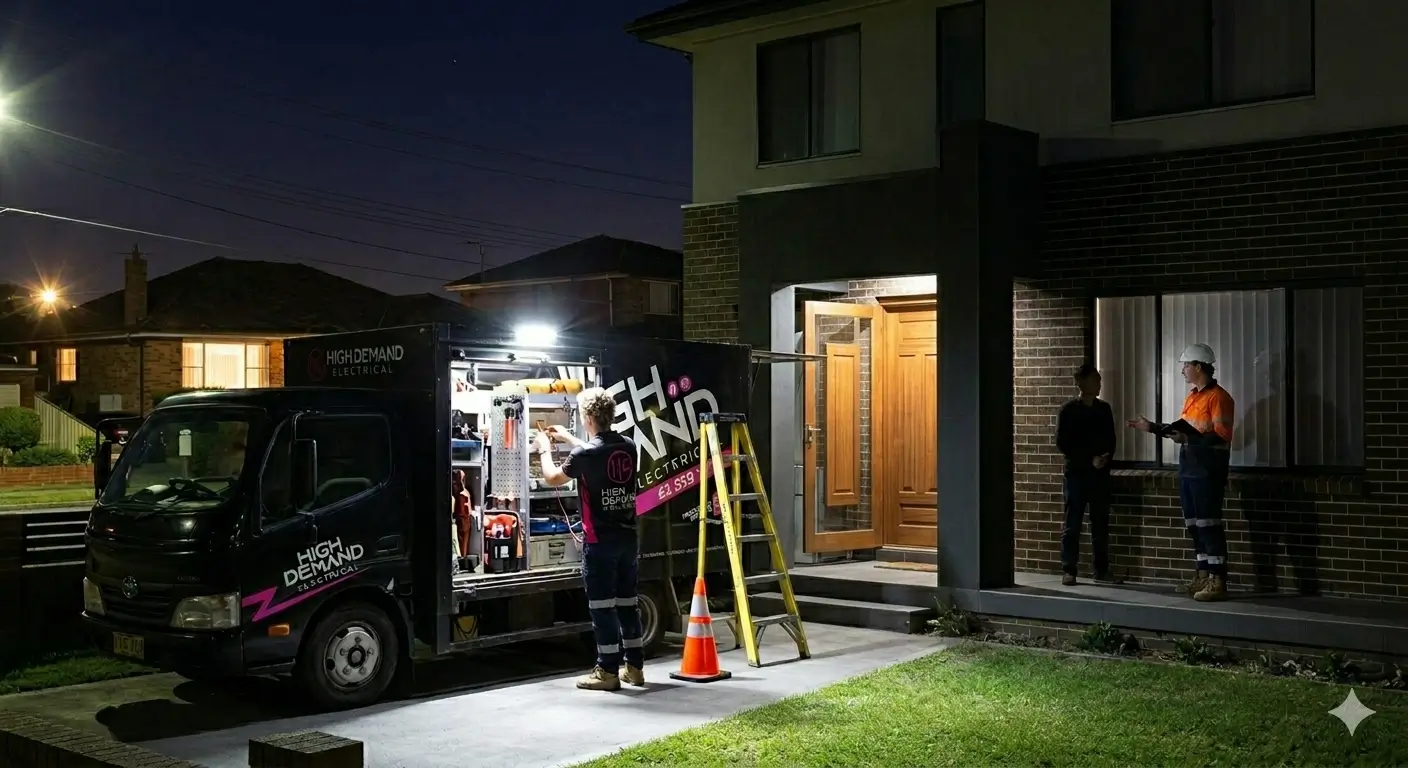 Dark street during a Sydney power outage with only one house lit up indicating a property-specific electrical fault