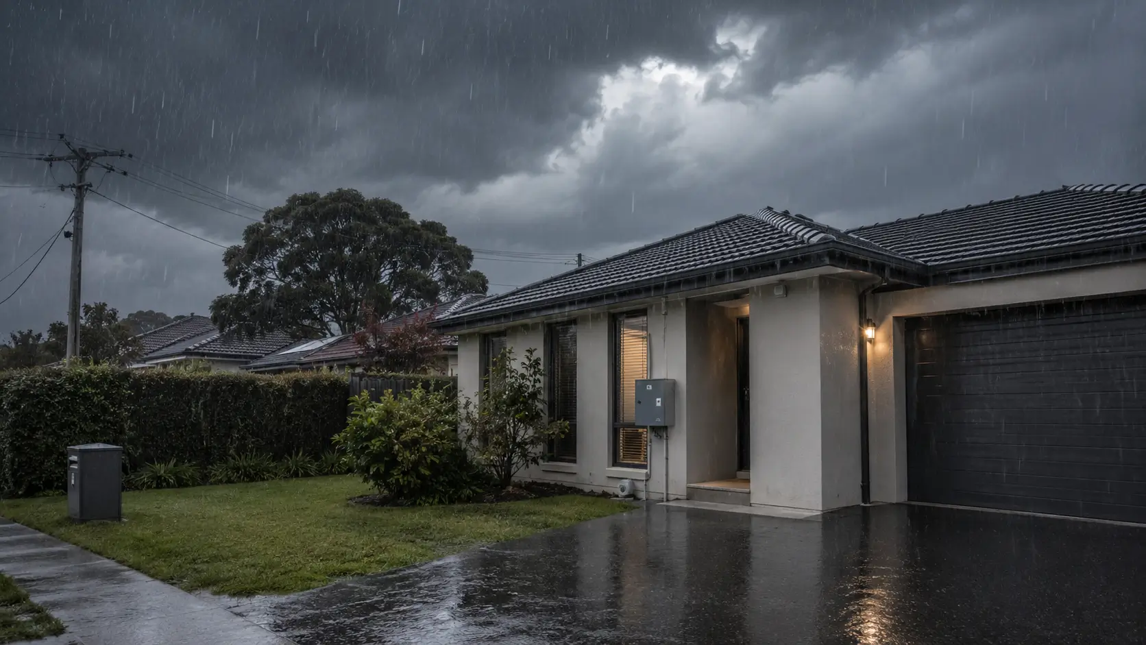 Sydney home exterior during stormy weather showing electrical meter box and switchboard vulnerable to rain and lightning damage