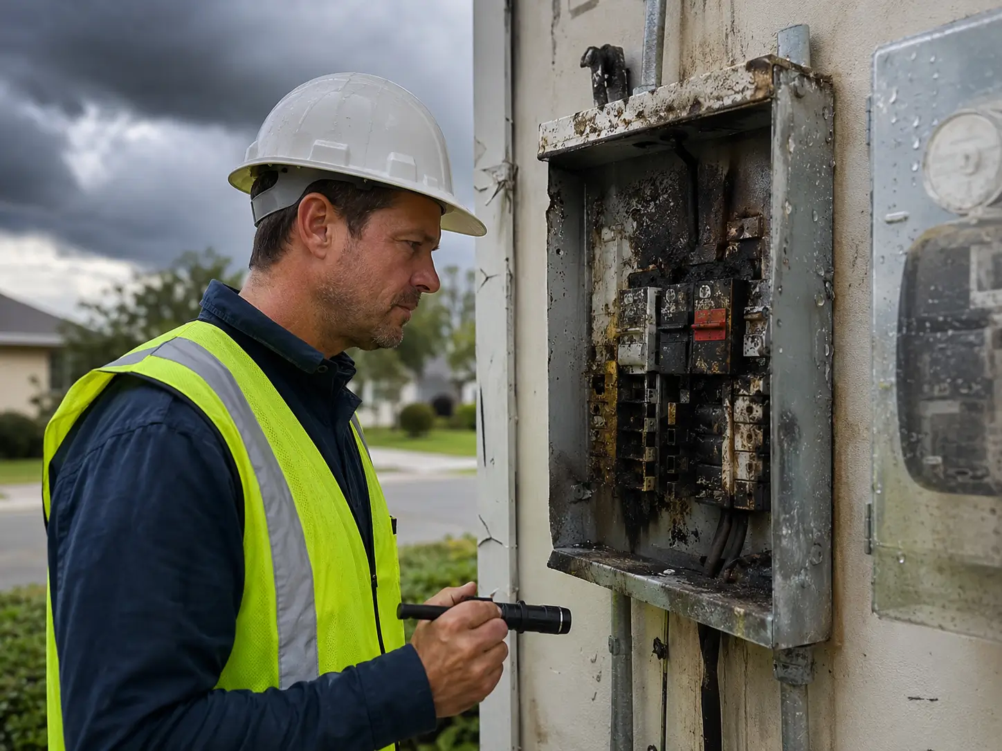 Sydney home showing storm damage to the electrical system after severe weather, with a dark sky in the background and visible damage near the switchboard area.