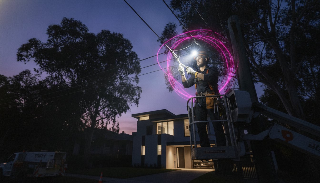 Level 2 ASP electrician working on Sydney power infrastructure including consumer mains and overhead service line connections