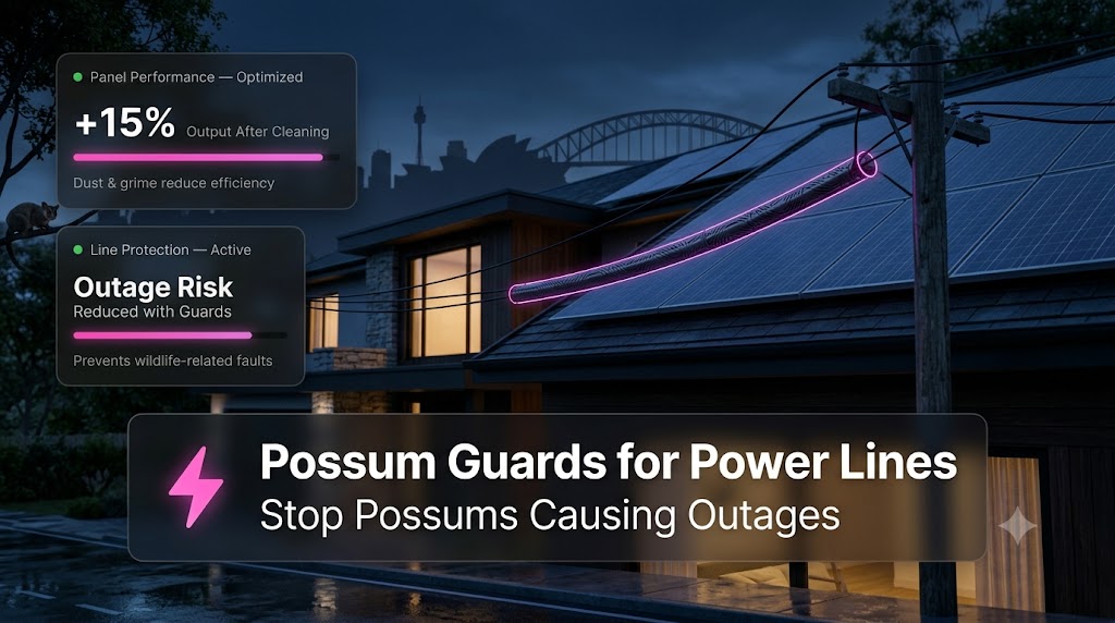 Possum guard sleeve fitted to an overhead power line on a Sydney property, preventing possums from walking along the cable and causing electrical outages