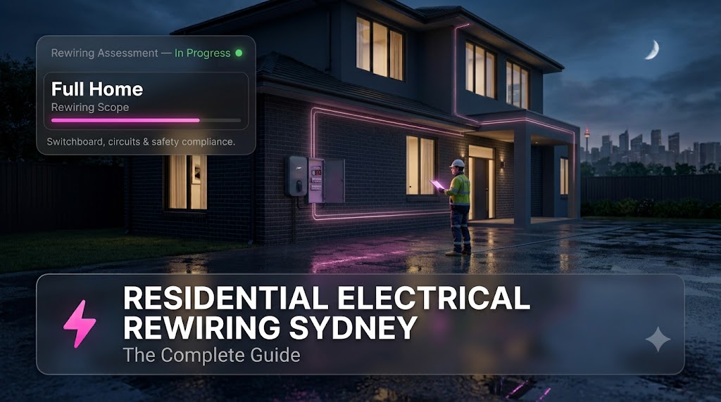 Licensed electrician rewiring a residential property in Sydney, replacing aged wiring to current AS/NZS 3000 electrical safety standards