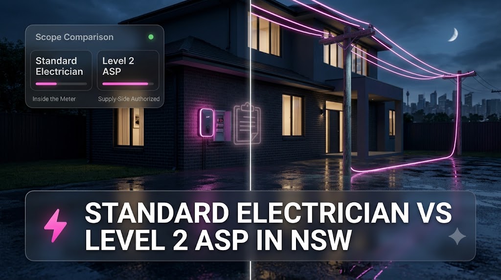 Side-by-side comparison of a standard licensed electrician and a Level 2 ASP electrician in NSW, showing which work each is authorised to carry out