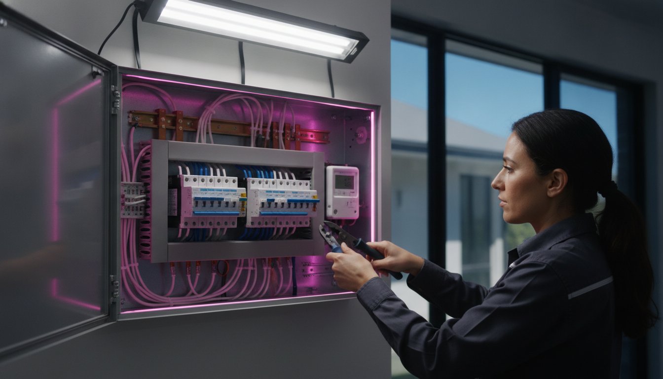 Sydney electrician inspecting a residential switchboard during an upgrade to modern circuit breakers and safety switches