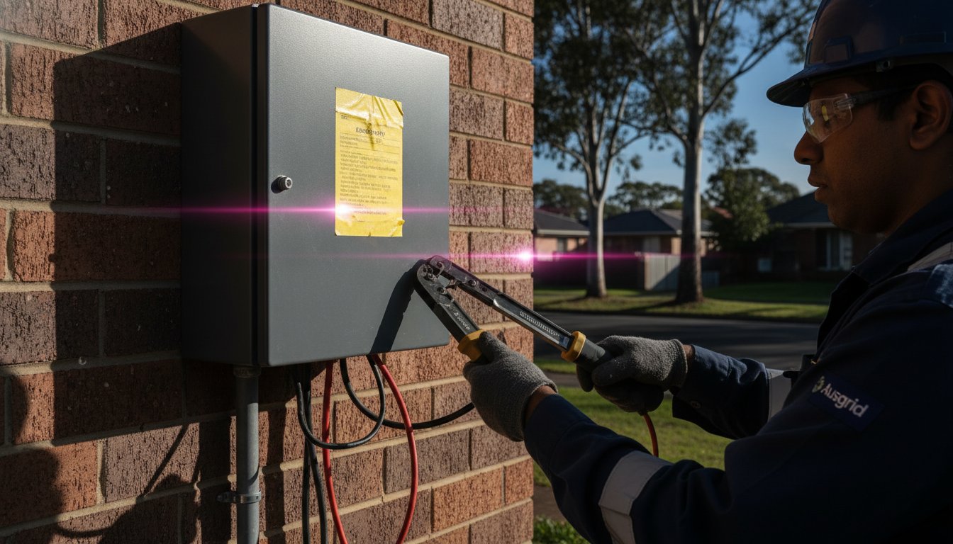 Sydney homeowner reviewing an Ausgrid defect notice with a Level 2 ASP electrician, with a private power pole visible in background