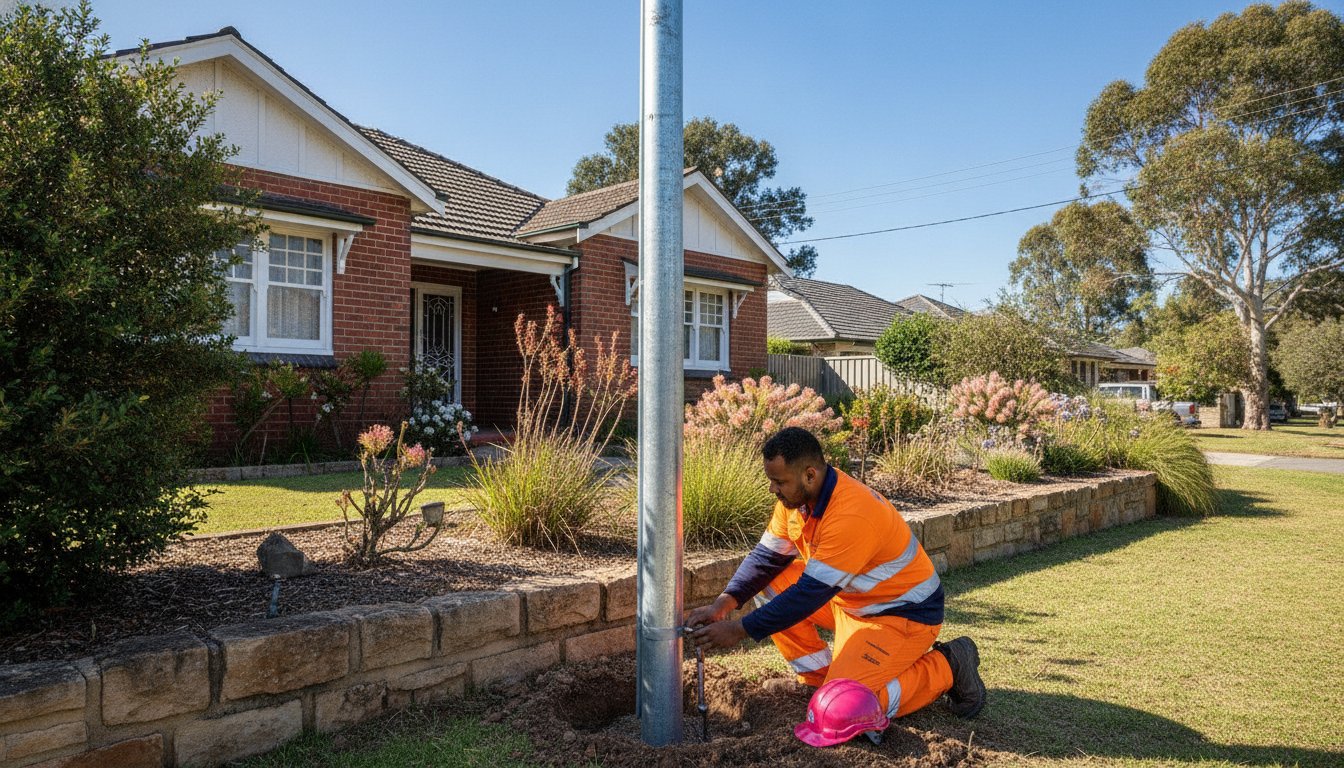 Licensed Level 2 electrician inspecting a galvanised steel private power pole installation on a Sydney residential property