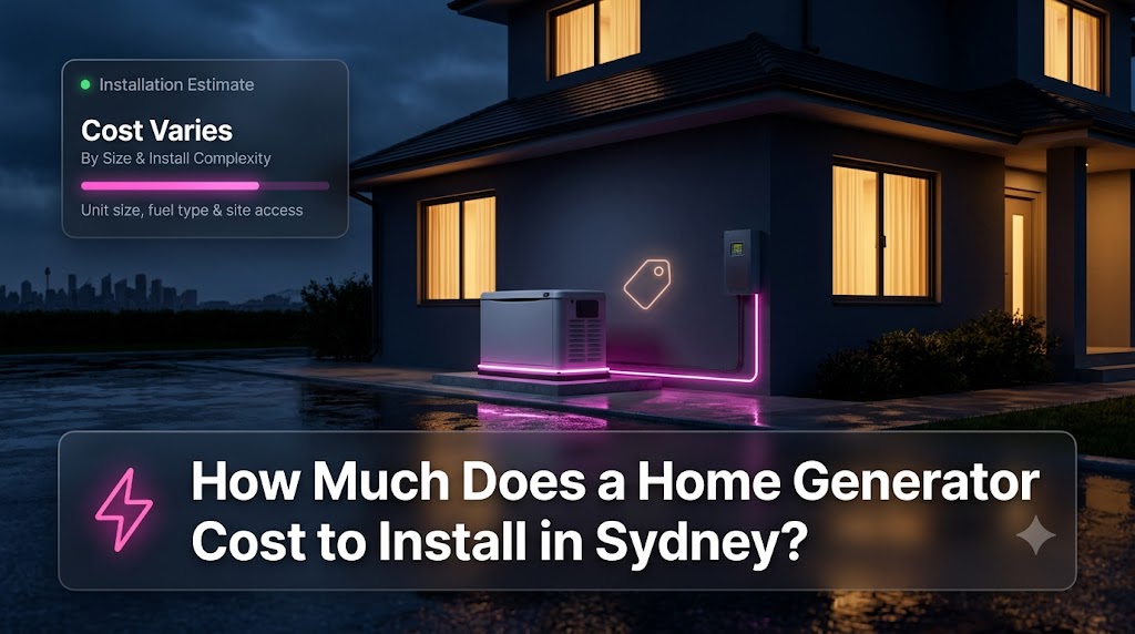 Home standby generator installed on a concrete slab outside a Sydney property, ready for emergency backup power