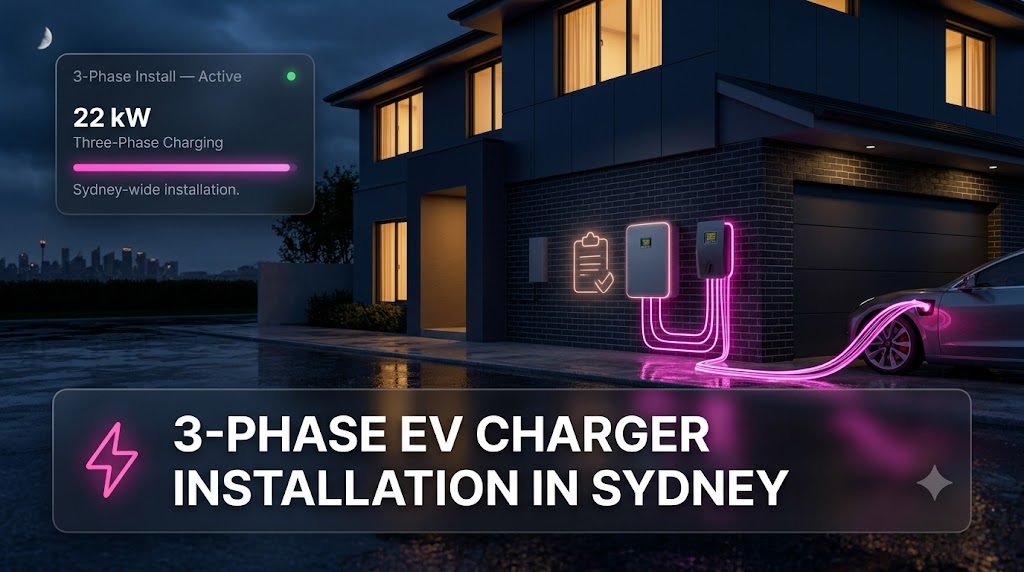 Level 2 electrician completing a 3-phase EV charger installation at a Sydney property, with switchboard upgrade and dedicated circuit wiring