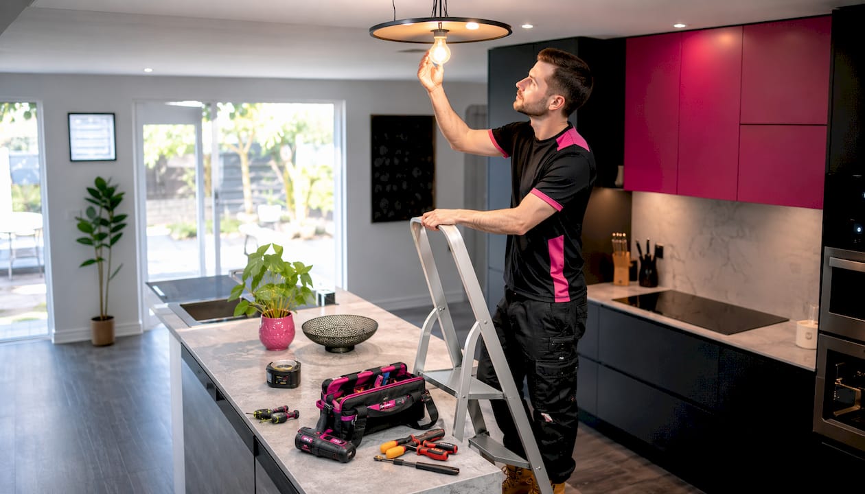 Hands replacing LED bulb in living room lamp